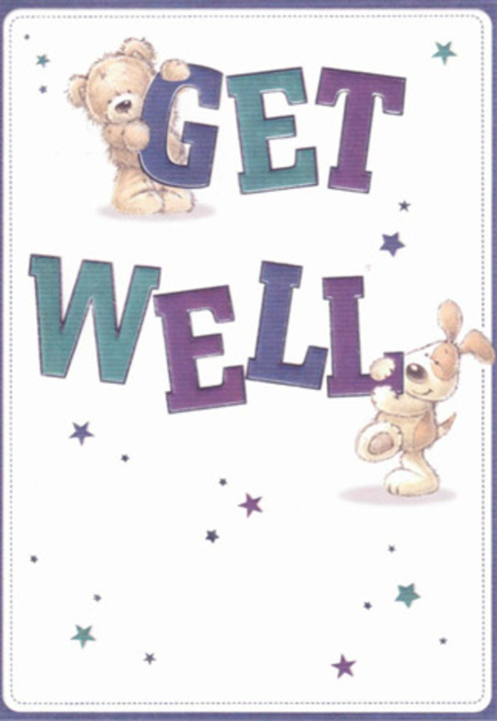 On this endearing get well card, gentle encouragement is brought to life through the loving illustrations of a kindly bear and an adorable puppy. Scattered around them, playful stars in gradients of blue and purple sparkle across a soft, inviting background, much like the friendly glow of local shops in Harlington after dusk. The bold, confident letters in shades of aqua and purple ground the scene, lending an unmistakable air of reassurance. Every brushstroke seems intentional, from the fluffy bear's imagined softness to the velvety puppy's delicate ears, both details radiating warmth and affection. The composition evokes the spirit of a thoughtfully arranged bouquet delivered by Florist Harlington-each element placed with care, intended to brighten a recovery day with a sense of hope. The overall mood is bright, airy, and wonderfully uplifting-perfect for sending heartfelt good wishes to friends and neighbours across Harlington, bringing a little extra comfort and local connection to their doorstep.
